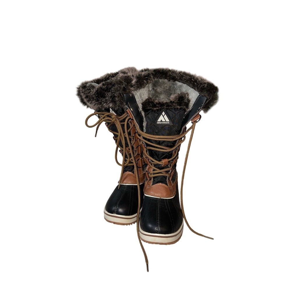 Mishansha Women Winter Snow Boots Fur Lined Lace Up Waterproof Black Tan Sz 6.5‎ - Picture 3 of 8